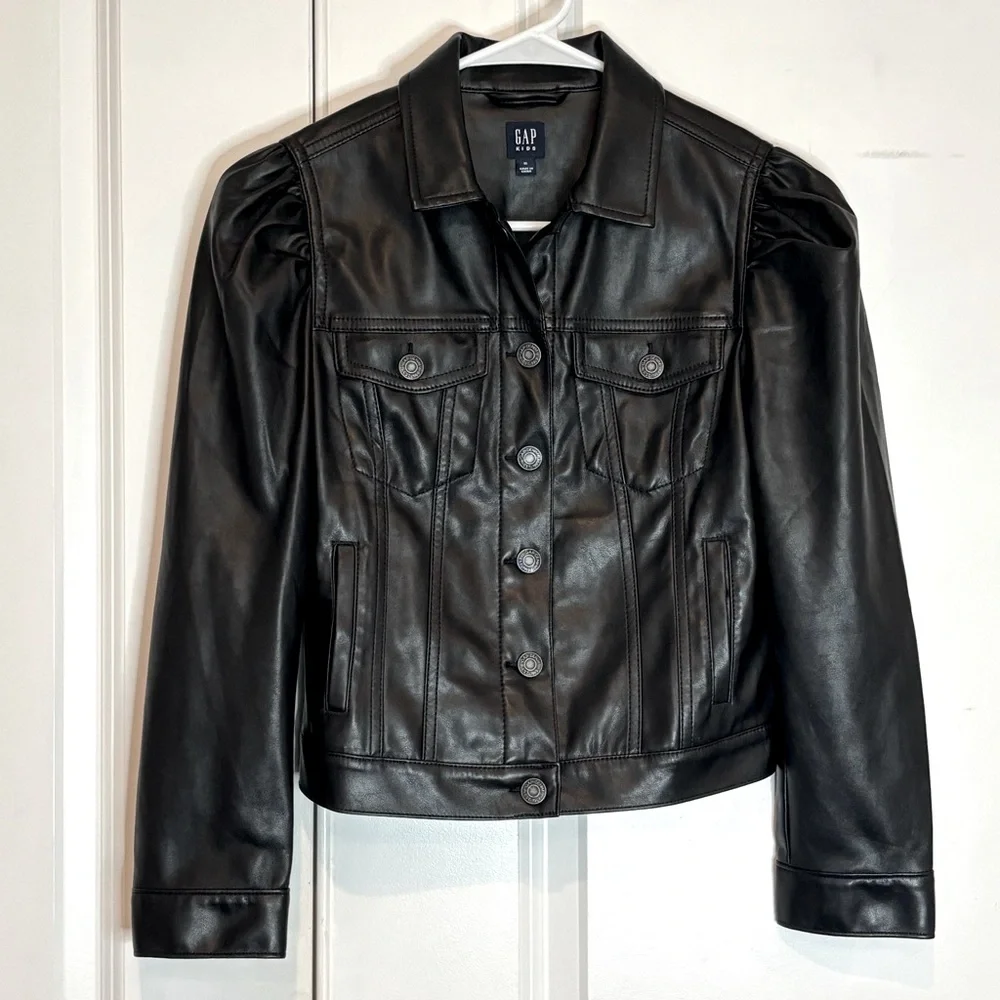 GAP Black Faux Leather Puff Shoulder Jacket Girls XL